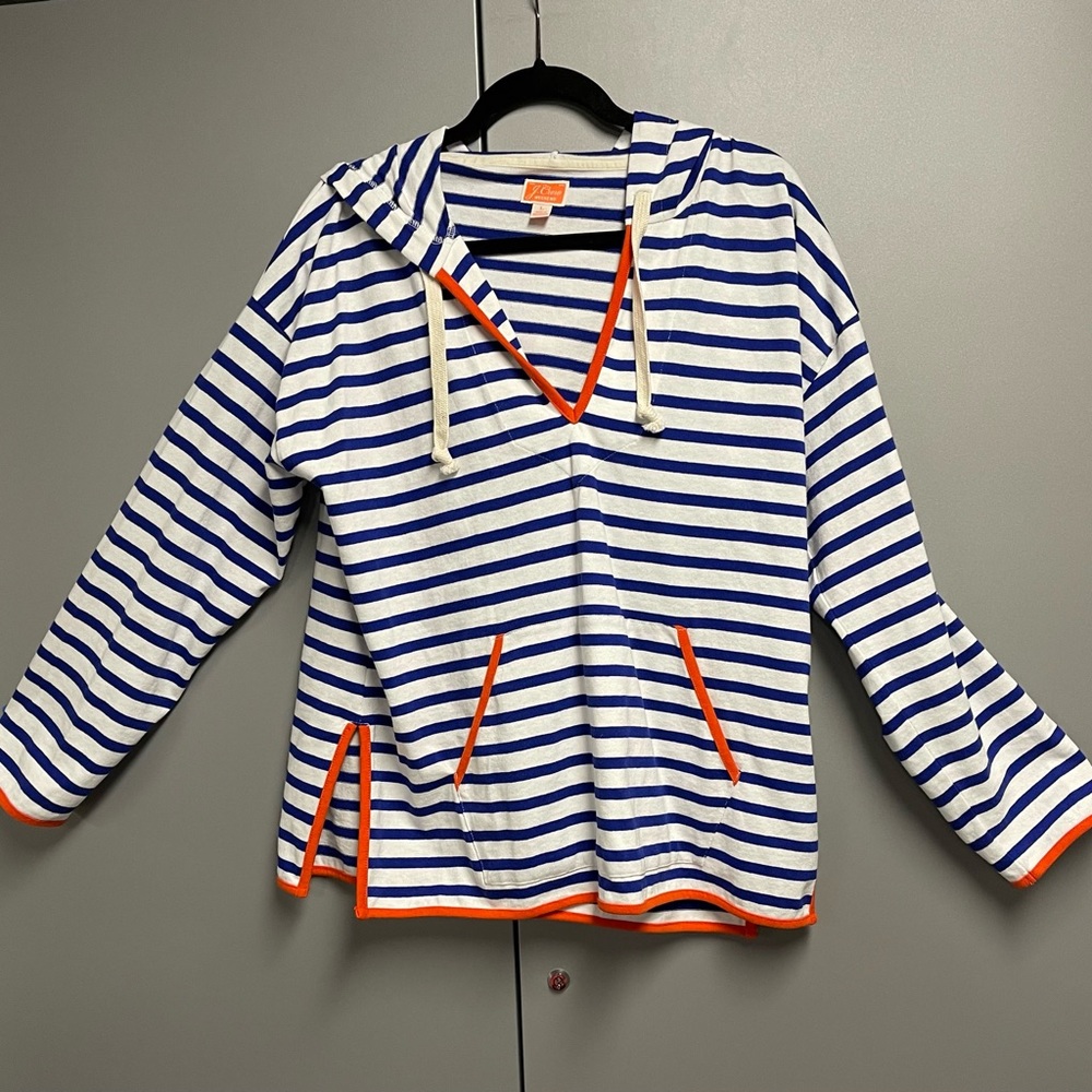 J Crew Weekend Blue White Striped Hooded Beach Coverup Size Large NWOT